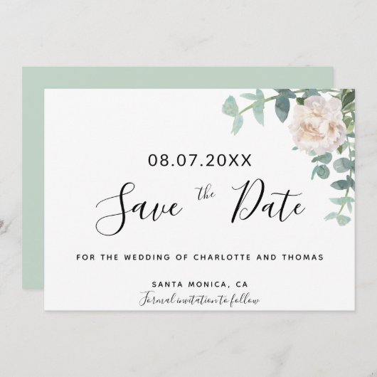 Eucaluptus witte bloem bruiloft bewaar de datum (Voorkant / Achterkant)