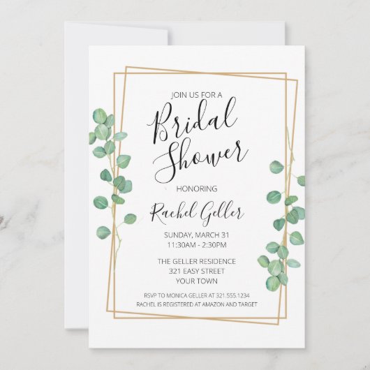 Eucalyptis w / Gold Lijst bruidsdouche uitnodiging (Voorkant)