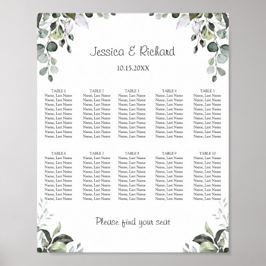 Eucalyptus 10 Tafels Stoelindeling Poster Bord (Voorkant)