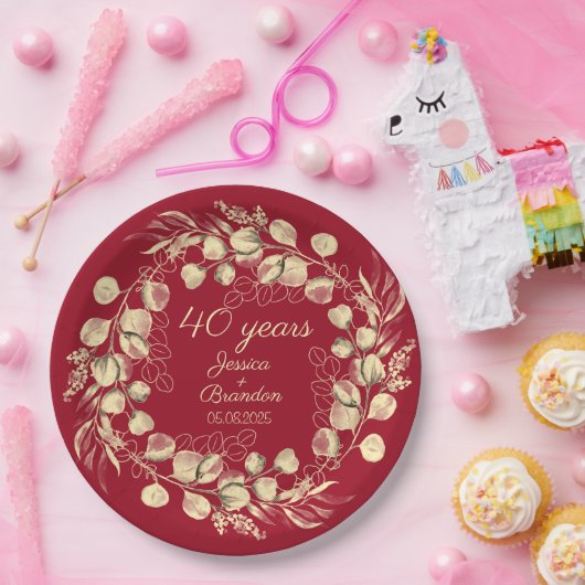 Eucalyptus 40th Red Ruby Bruiloft Jubileum Papieren Bordje (Feest)