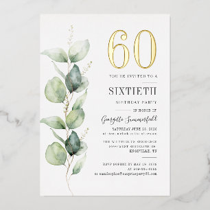 Eucalyptus 60e Verjaardag Groene Waterverf Goud Folie Uitnodiging