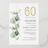 Eucalyptus 60th Birthday Greenery Waterverf Gold Folie Uitnodiging (Voorkant)