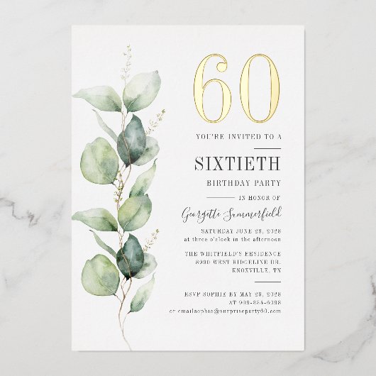 Eucalyptus 60th Birthday Greenery Waterverf Gold Folie Uitnodiging (Voorkant)