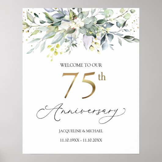 Eucalyptus 75th Wedding Jubileum Welkomstteken Poster (Voorkant)