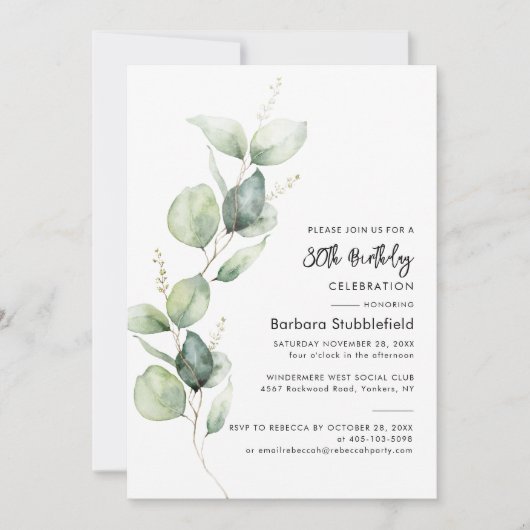 Eucalyptus 80th Birthday Party Botanical Kaart (Voorkant)