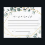 Eucalyptus Advies voor de Bruid Kaarten<br><div class="desc">Eucalyptus Thema Advies voor de Bruid Antwoordkaarten
Mooi en perfect om te gebruiken op je bruidsfeest om advies en gelukwensen van je gasten te verzamelen 

 Als je liever thuis print,  bezoek dan onze Etsy winkel op https://www.etsy.com/shop/IRISANDIVYPRINTABLES</div>