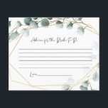 Eucalyptus Advies voor de Bruid Kaarten<br><div class="desc">Eucalyptus Thema Advies voor de Bruid Antwoordkaarten
Mooi en perfect om te gebruiken op je bruidsfeest om advies en gelukwensen van je gasten te verzamelen 

 Als je liever thuis print,  bezoek dan onze Etsy winkel op https://www.etsy.com/shop/IRISANDIVYPRINTABLES</div>