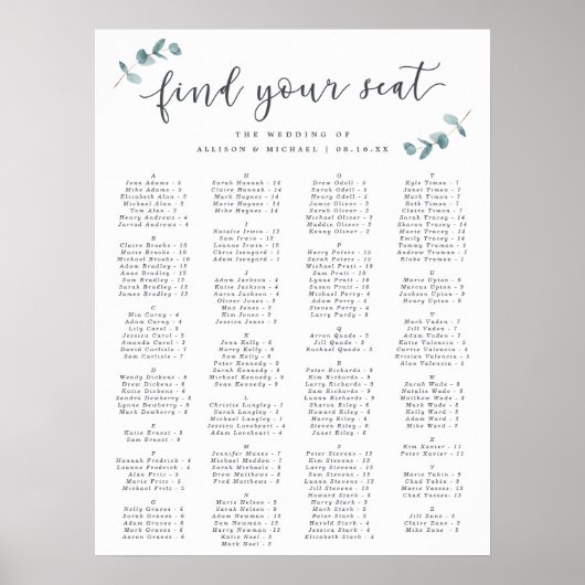 Eucalyptus Alfabetical Wedding Seating Chart Poster (Voorkant)