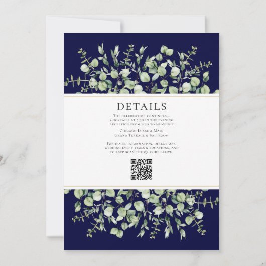 Eucalyptus All in One Navy Blauwe Huwelijksuitnodi Kaart (Achterkant)