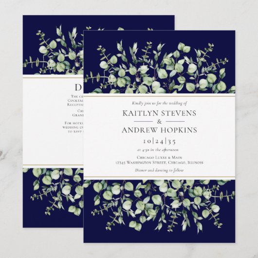 Eucalyptus All in One Navy Blauwe Huwelijksuitnodi Kaart (Voorkant / Achterkant)