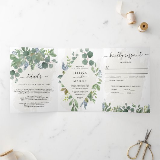 Eucalyptus All-in-One Wedding Invitations Drieluik Uitnodiging (Binnen)
