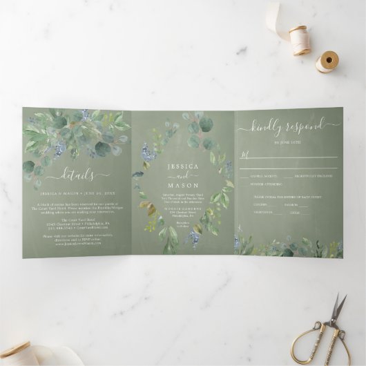 Eucalyptus All-in-One Wedding Invitations Drieluik Uitnodiging (Binnen)