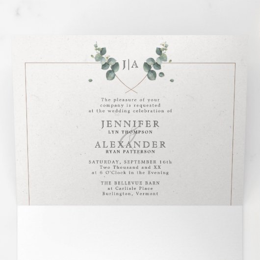 Eucalyptus Alles in een Monogram Bruiloft Tri-Fold Drieluik Uitnodiging (Binnenzijde eerst)