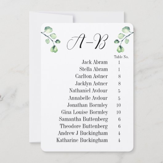 Eucalyptus Alphabetical 12 Guest Table Chart Cards Kaart (Voorkant)