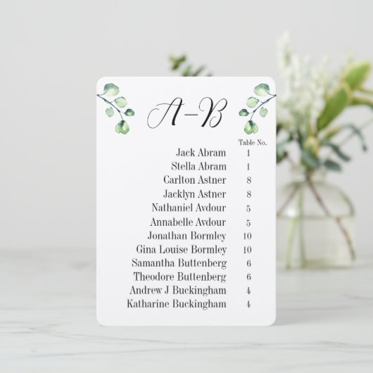 Eucalyptus Alphabetical 12 Guest Table Chart Cards Kaart (Staand voorkant)
