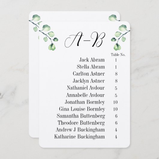 Eucalyptus Alphabetical 12 Guest Table Chart Cards Kaart (Voorkant / Achterkant)