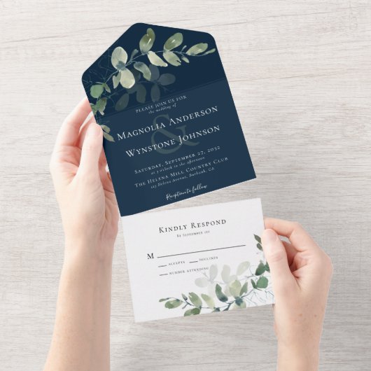 Eucalyptus Ampersand Chic Wedding All In One Uitnodiging (Afscheurbaar)