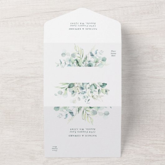 Eucalyptus Ampersand Gold Green Wedding All In One Uitnodiging (Buitenkant)