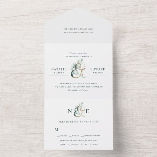 Eucalyptus Ampersand Gold Green Wedding All In One Uitnodiging (Binnen)