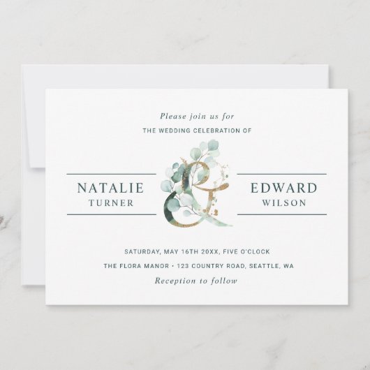 Eucalyptus Ampersand Gold Green Wedding Kaart (Voorkant)