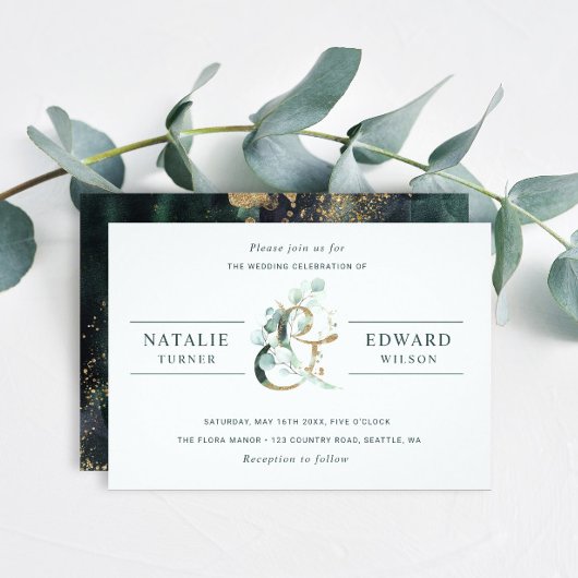 Eucalyptus Ampersand Gold Green Wedding Kaart