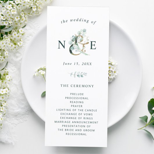 Eucalyptus Ampersand Gold Green Wedding Programmakaart