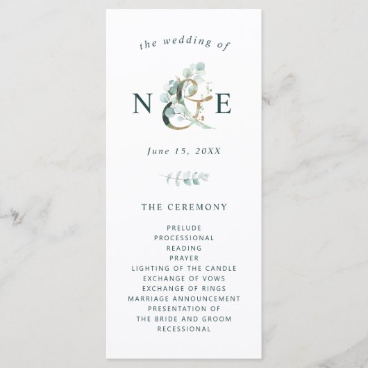 Eucalyptus Ampersand Gold Green Wedding Programmakaart (Voorkant)