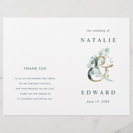 Eucalyptus Ampersand Gold Green Wedding Programme (Voorkant)