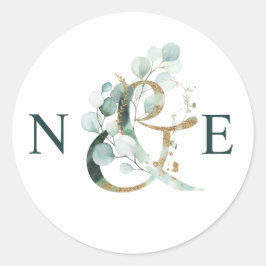 Eucalyptus Ampersand Gold Green Wedding Ronde Sticker