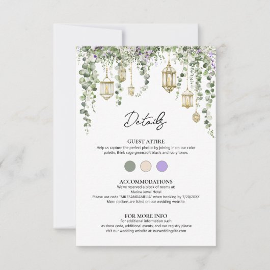 Eucalyptus and Purple Floral Wedding Details Card (Voorkant)