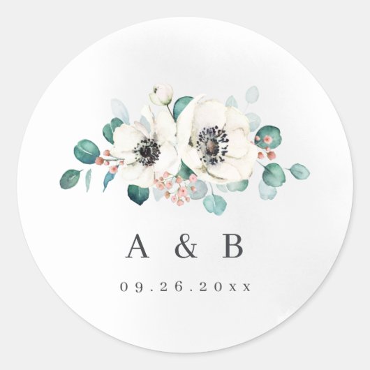 Eucalyptus anemone floral rustige monogram ronde sticker (Voorkant)