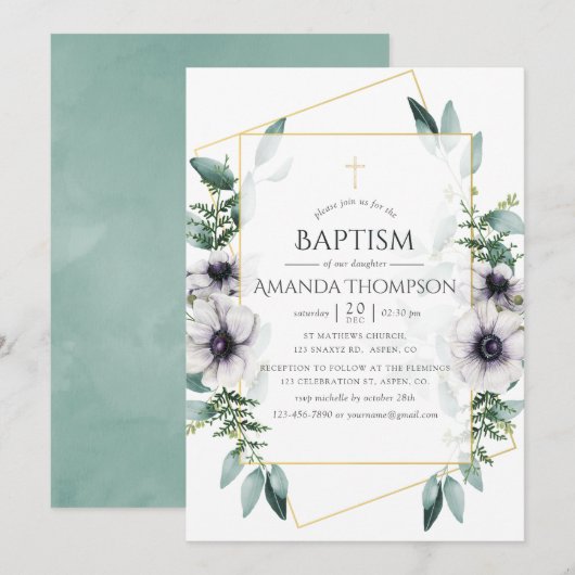 Eucalyptus Anemone Geometric Baptism/Christening Kaart (Voorkant / Achterkant)