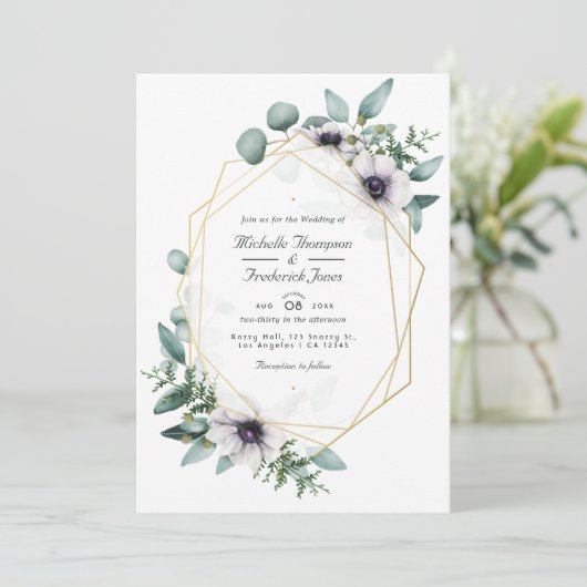 Eucalyptus Anemone Geometric QR Code RSVP Weddensc Kaart (Staand voorkant)