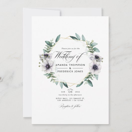 Eucalyptus Anemone Geometric QR Code RSVP Weddensc Kaart (Voorkant)