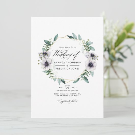 Eucalyptus Anemone Geometric QR Code RSVP Weddensc Kaart (Staand voorkant)