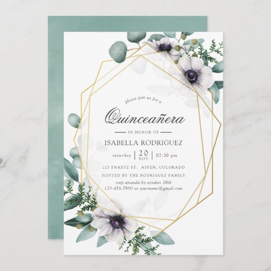 Eucalyptus Anemone Geometric Quinceañera Kaart (Voorkant / Achterkant)