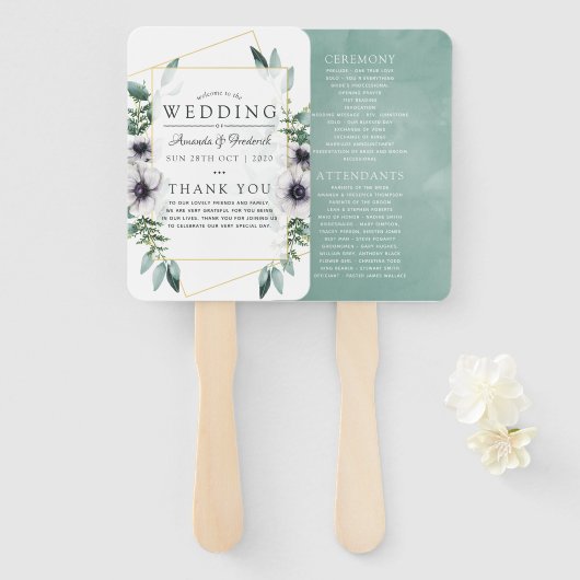 Eucalyptus Anemone Geometric Wedding Programme Handwaaier (Voorkant en achterkant)