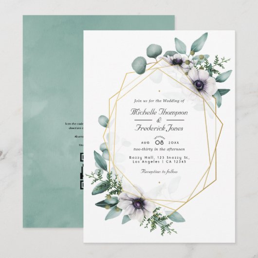 Eucalyptus Anemone Geometrische QR Code RSVP Huwel Kaart (Voorkant / Achterkant)