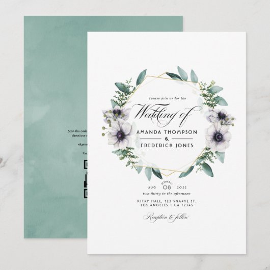 Eucalyptus Anemone Geometrische QR Code RSVP Huwel Kaart (Voorkant / Achterkant)