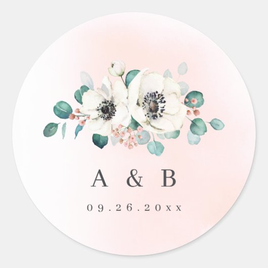 Eucalyptus anemoon bloemenrustiek monogram klassie ronde sticker (Voorkant)
