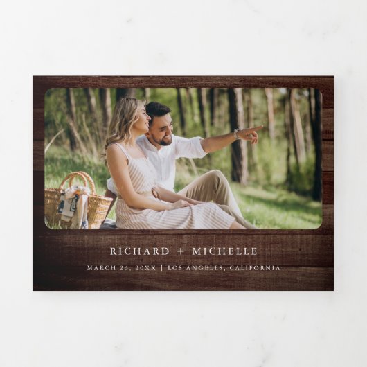 Eucalyptus Arch Photo Rustic Wood QR Code Wedding Drieluik Uitnodiging (Cover)