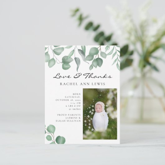 Eucalyptus baby aankondiging foto Liefde & Dank Briefkaart (Staand voorkant)