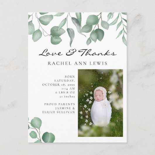 Eucalyptus baby aankondiging foto Liefde & Dank Briefkaart (Voorkant)