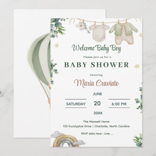 Eucalyptus Baby Boy Douche Uitnodiging (Voorkant / Achterkant)