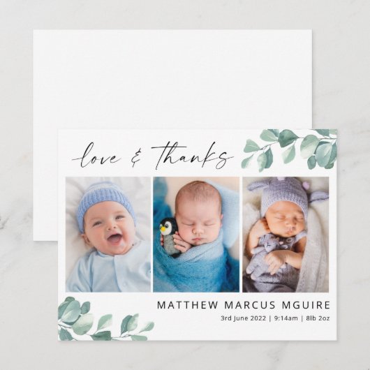 Eucalyptus baby dank je kaart, script bedankt briefkaart (Voorkant / Achterkant)