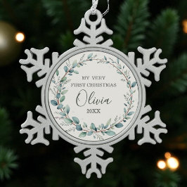 Eucalyptus Baby Eerste kerstminimalistisch modern Tin Sneeuwvlok Ornament