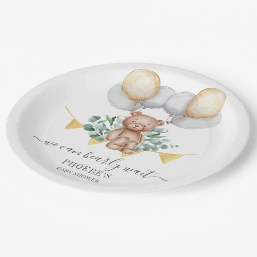 Eucalyptus Baby Shower Beerlijk Wachten Beer & Bal Papieren Bordje (Gekanteld)