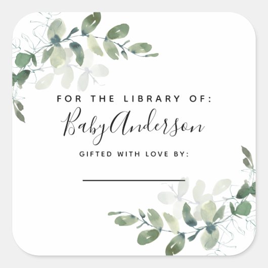 Eucalyptus Baby shower Bookplaat Vierkante Sticker (Voorkant)
