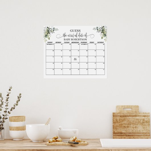 Eucalyptus Baby Shower Datum Raming Kalender Poster (Keuken)