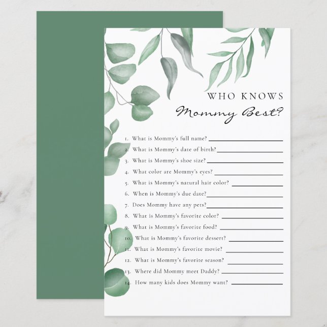 Eucalyptus Baby shower Game die mama het beste ken (Voorkant / Achterkant)